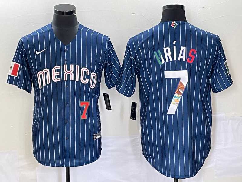 Mens Mexico Baseball #7 Julio Urias 2023 Navy Blue Pinstripe World Baseball Classic Stitched Jersey